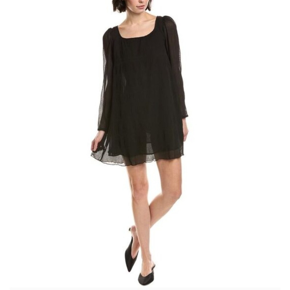 Ganni Black Pleated Georgette Mini Dress Square Neck Puff Sleeve EU 36‎ US 4